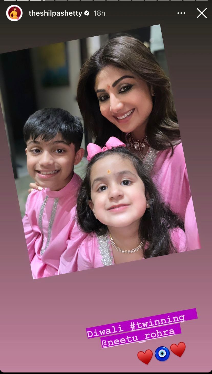 Shilpa Shetty shared a selfie with Samisha and Viaan via Instagram Stories.