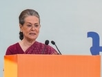 Former Congress president Sonia Gandhi addresses the ceremony for presentation of certificate of election to the newly elected Congress President Mallikarjun Kharge, at AICC Headquarters in New Delhi. (PTI Photo)