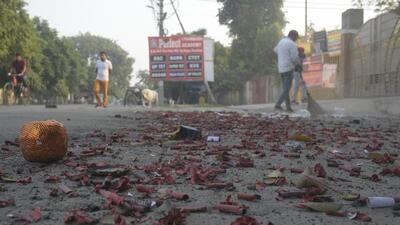 Remnants of burnt firecrackers littered on the ground at Kavi Nagar the day after Diwali, in Ghaziabad. (Sakib Ali/HT Photo) Remnants of burnt firecrackers littered on the ground at Kavi Nagar the day after Diwali, in Ghaziabad. (Sakib Ali/HT Photo)