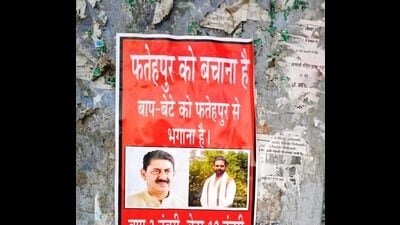 Posters put up in Fatehpur assembly segment against BJP candidate Rakesh Pathania. (HT Photo) Posters put up in Fatehpur assembly segment against BJP candidate Rakesh Pathania. (HT Photo)