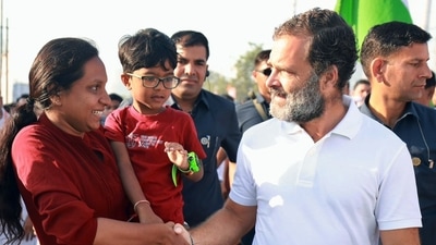 Congress leader Rahul Gandhi with supporters during the party's Bharat Jodo Yatra, in Mahbubnagar on Sunday. (ANI Photo) Congress leader Rahul Gandhi with supporters during the party's Bharat Jodo Yatra, in Mahbubnagar on Sunday. (ANI Photo)
