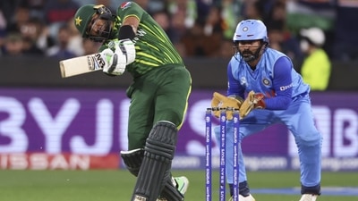 Iftikhar Ahmed hits the ball for six runs during the T20 World Cup cricket match between India and Pakistan in Melbourne. (AP) Iftikhar Ahmed hits the ball for six runs during the T20 World Cup cricket match between India and Pakistan in Melbourne. (AP)