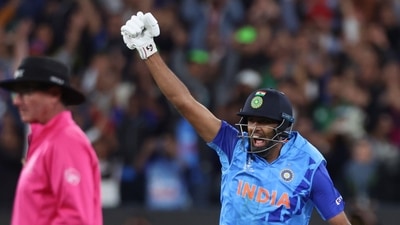 India's Ravichandran Ashwin reacts after hitting the winning runs during the T20 World Cup cricket match between India and Pakistan in Melbourne, Australia, Sunday, Oct. 23, 2022. (AP Photo/Asanka Brendon Ratnayake) (AP)