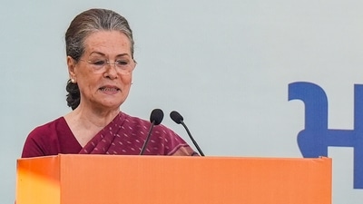 Former Congress president Sonia Gandhi addresses the ceremony for presentation of certificate of election to the newly elected Congress President Mallikarjun Kharge, at AICC Headquarters in New Delhi. (PTI Photo) (PTI) Former Congress president Sonia Gandhi addresses the ceremony for presentation of certificate of election to the newly elected Congress President Mallikarjun Kharge, at AICC Headquarters in New Delhi. (PTI Photo) (PTI)