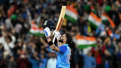 Virat Kohli celebrates after India win the T20 World Cup 2022 match against Pakistan at Melbourne Cricket Ground (AFP)