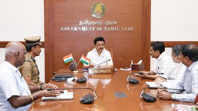 Tamil Nadu chief minister MK Stalin during a review meeting with top officials over the cylinder blast incident in Coimbatore, in Chennai on Wednesday. (PTI Photo)