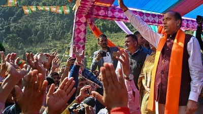 Himachal Pradesh CM Jai Ram Thakur addresses supporters before filing his nomination for the upcoming state Assembly polls. (PTI) Himachal Pradesh CM Jai Ram Thakur addresses supporters before filing his nomination for the upcoming state Assembly polls. (PTI)