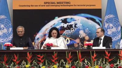 India’s envoy to the UN Ruchira Kamboj (centre), Sanjay Verma, secretary (West) external affairs ministry (left) and UN’s CTED director David Scharia (right) speak on special meeting of UN Counter Terrorism Committee (Screengrab/MEA video) India’s envoy to the UN Ruchira Kamboj (centre), Sanjay Verma, secretary (West) external affairs ministry (left) and UN’s CTED director David Scharia (right) speak on special meeting of UN Counter Terrorism Committee (Screengrab/MEA video)