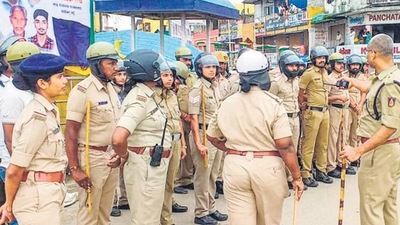 Security was beefed up in Shivamogga that witnessed the brutal killing of a Hindu activist a few months ago. Security was beefed up in Shivamogga that witnessed the brutal killing of a Hindu activist a few months ago.