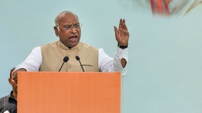 Newly elected Congress President Mallikarjun Kharge addresses the ceremony for presentation of certificate of election to him, at AICC Headquarters in New Delhi, Wednesday. (PTI) Newly elected Congress President Mallikarjun Kharge addresses the ceremony for presentation of certificate of election to him, at AICC Headquarters in New Delhi, Wednesday. (PTI)