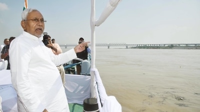 Bihar chief minister Nitish Kumar inspects a ghat along the Ganga river ahead of Chhath Puja, in Patna on October 15, 2022. (Photo by Santosh Kumar /Hindustan Times)