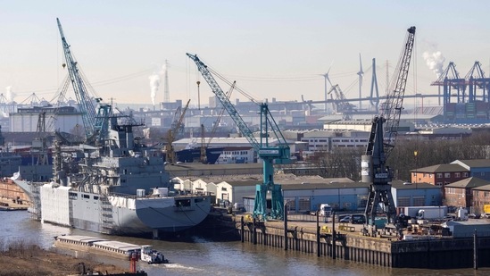 A military vessel is docked for maintenance in the harbour of Hamburg.(AFP)