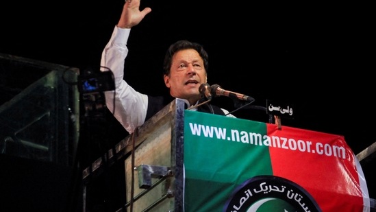 Imran Khan: Ousted Pakistani Prime Minister Imran Khan gestures as he addresses supporters during a rally.(Reuters)