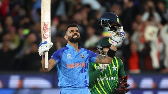 India's Virat Kohli reacts after winning the T20 World Cup match against Pakistan(AP)