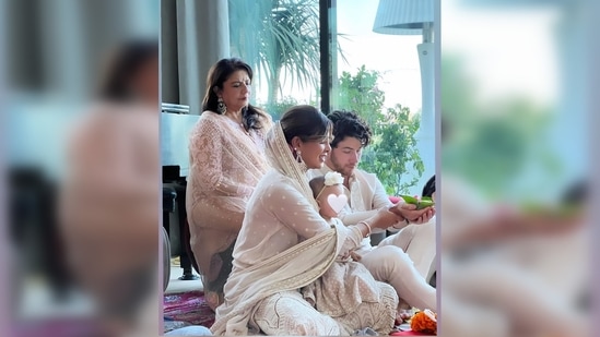 Priyanka Chopra and Nick Jonas perform puja at their California residence on the auspicious occasion of Diwali.(Instagram/@priyankachopra)