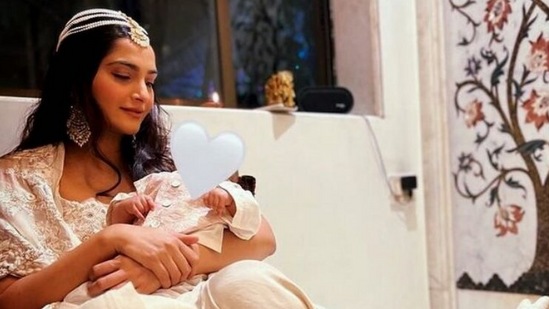 Sonam Kapoor and her son Vayu from their Diwali 2022 party.