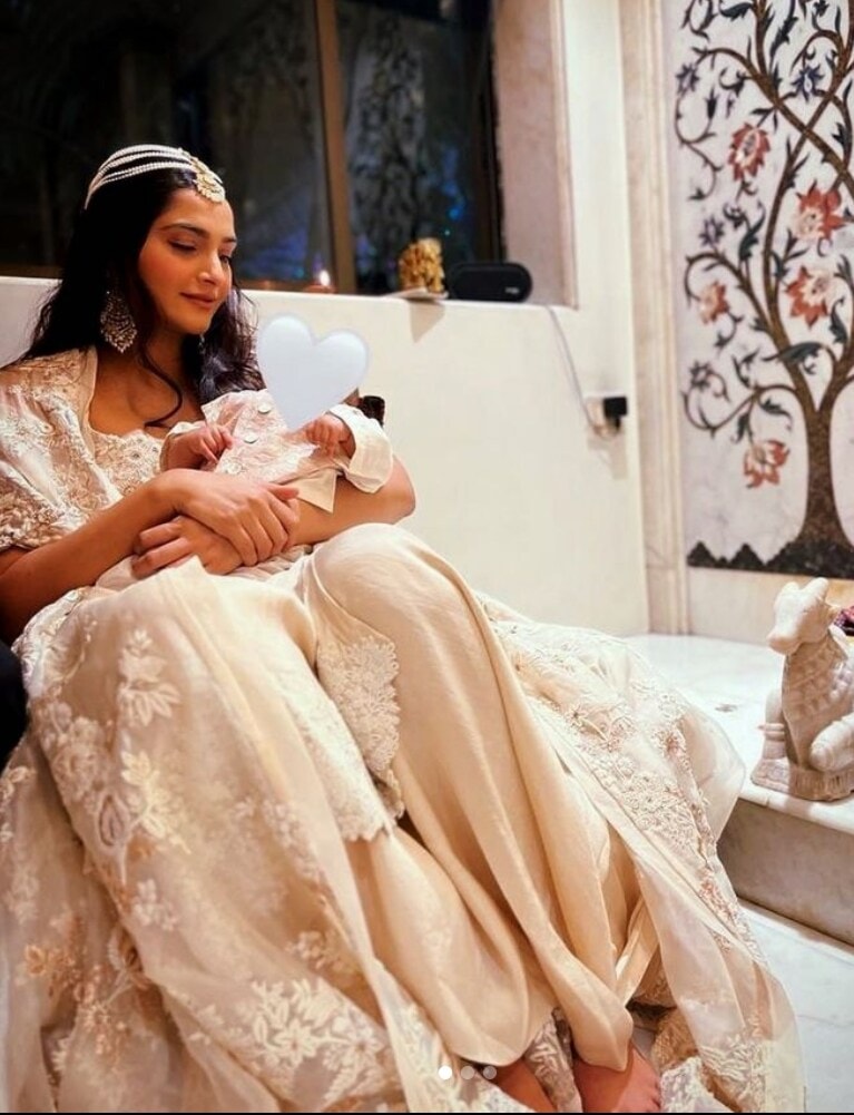 Sonam Kapoor and her son Vayu Kapoor Ahuja during Diwali 2022.