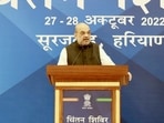 Union Home Minister Amit Shah addresses the two-day Chintan Shivir of Home Ministers of all states, in Surajkund on Thursday. (ANI Photo)