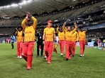 Zimbabwe players celebrate after winning their ICC T20 World Cup match against Pakistan