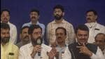 Mumbai, India - June 30, 2022: Eknath Shinde and Devendra Fadnavis interact with the media before the swearing-in ceremony at Raj Bhavan, in Mumbai, India, on Thursday, June 30, 2022. (Photo by Satish Bate/ Hindustan Times) (Satish Bate/HT PHOTO) Mumbai, India - June 30, 2022: Eknath Shinde and Devendra Fadnavis interact with the media before the swearing-in ceremony at Raj Bhavan, in Mumbai, India, on Thursday, June 30, 2022. (Photo by Satish Bate/ Hindustan Times) (Satish Bate/HT PHOTO)