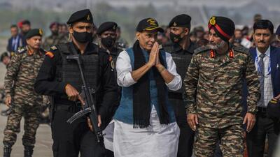 Indian Defence Minister Rajnath Singh speaks during the anniversary of the army landing in Srinagar in 1947, at the Indian Air Force Station on the outskirts of Srinagar, Indian controlled Kashmir, Thursday, Oct. 27, 2022. (AP)