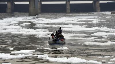 A thick layer of foam blankets the Yamuna river near Kalindi Kunj on Thursday. (Sanjeev Verma/HT Photo) A thick layer of foam blankets the Yamuna river near Kalindi Kunj on Thursday. (Sanjeev Verma/HT Photo)