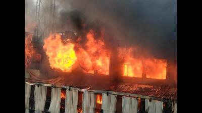 Fire raging at a liquor factory in Industrial Area, Phase 1, Chandigarh on Thursday. The blaze is suspected to have been caused by a short-circuit during a motor’s repair. (Keshav Singh/HT)