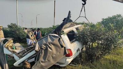 The MUV after the mishap in Soraon area of Prayagraj on Thursday. (HT Photo)