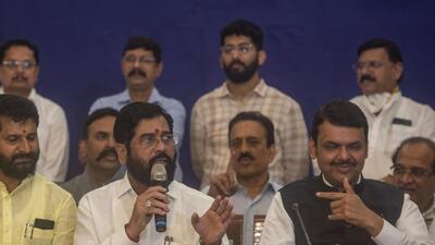Mumbai, India - June 30, 2022: Eknath Shinde and Devendra Fadnavis interact with the media before the swearing-in ceremony at Raj Bhavan, in Mumbai, India, on Thursday, June 30, 2022. (Photo by Satish Bate/ Hindustan Times) (Satish Bate/HT PHOTO) Mumbai, India - June 30, 2022: Eknath Shinde and Devendra Fadnavis interact with the media before the swearing-in ceremony at Raj Bhavan, in Mumbai, India, on Thursday, June 30, 2022. (Photo by Satish Bate/ Hindustan Times) (Satish Bate/HT PHOTO)