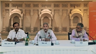 External Affairs Minister S Jaishankar with Union Minister of State for External Affairs V Muraleedharan participates in the first meeting of the advisory committee and sub-committees formed to organise the 12th World Hindi Conference, in New Delhi on Thursday. (ANI Photo) External Affairs Minister S Jaishankar with Union Minister of State for External Affairs V Muraleedharan participates in the first meeting of the advisory committee and sub-committees formed to organise the 12th World Hindi Conference, in New Delhi on Thursday. (ANI Photo)