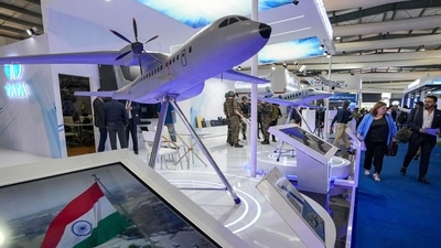 An exhibit of Tata Advanced Systems Limited (TASL) C-295 transport aircraft during the 12th edition of DefExpo, in Gandhinagar on October 18. (PTI)