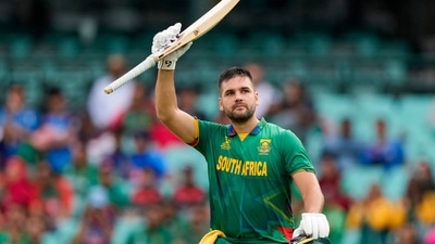 Rilee Rossouw celebrates after scoring a century during the T20 World Cup cricket match between South Africa and Bangladesh in Sydney. (PTI) Rilee Rossouw celebrates after scoring a century during the T20 World Cup cricket match between South Africa and Bangladesh in Sydney. (PTI)
