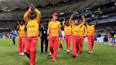 Zimbabwe players celebrate after winning their ICC T20 World Cup match against Pakistan (PTI)
