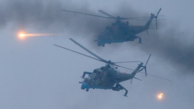 Russia-Ukraine War: Military helicopters fly over the Osipovichi training ground during Russia-Belarus military drills. (AP)