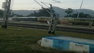 Engine of a goods train that derailed near Gurpa railway station in Bihar on Wednesday morning.