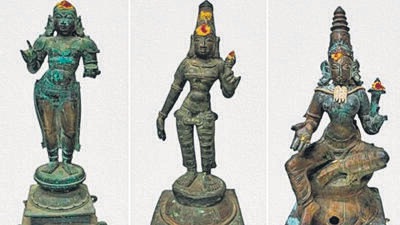 Bronze idols of goddess Valli, Bhuvaneswari Amman and Thirugnana Sambanthar, whiche were concealed in an almirah at a temple in Nagapattinam, were seized by Tamil Nadu Idol Wing CID on Thursday (PTI)