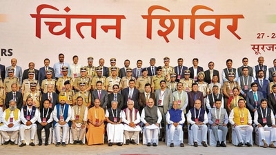 Union home minister Amit Shah with chief ministers and officials of states during the ‘chintan shivir’ at Surajkund in Haryana on Thursday. (PTI) Union home minister Amit Shah with chief ministers and officials of states during the ‘chintan shivir’ at Surajkund in Haryana on Thursday. (PTI)