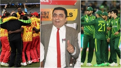 Zimbabwe players celebrate the win; the 'Fake Mr Bean'; Pakistan players during the match against Zimbabwe (Twitter/ICC) Zimbabwe players celebrate the win; the 'Fake Mr Bean'; Pakistan players during the match against Zimbabwe (Twitter/ICC)