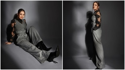 While the sleeveless waistcoat features a V neckline, front button closures, an asymmetrical cropped hem length, and a fitted silhouette accentuating her curves, the high-rise pants come with flared hems and pleated details. (Instagram) While the sleeveless waistcoat features a V neckline, front button closures, an asymmetrical cropped hem length, and a fitted silhouette accentuating her curves, the high-rise pants come with flared hems and pleated details. (Instagram)