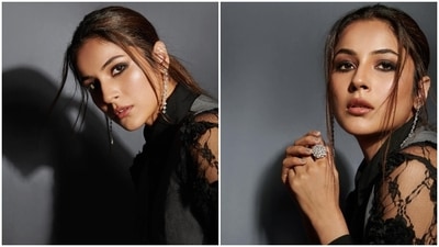 For the accessories, Shehnaaz picked dangling single-strand earrings, black pointed leather boots with killer high heels, and embellished statement rings. A centre-parted messy ponytail rounded off her hairdo. (Instagram) For the accessories, Shehnaaz picked dangling single-strand earrings, black pointed leather boots with killer high heels, and embellished statement rings. A centre-parted messy ponytail rounded off her hairdo. (Instagram)