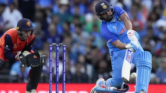Rohit Sharma hits a six during the T20 World Cup 2022 match between India and the Netherlands in Sydney.(AP)