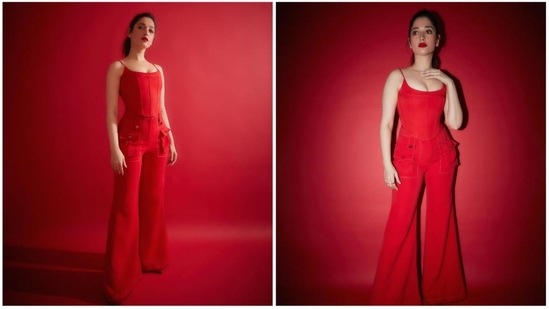 Tamannaah Bhatia has a very unique sense of style that immediately grabs eyeballs of the fashion police. The actor recently painted our Instagram feed red with her stylish pictures in a red corset inspired top which she paired with matching trousers.(Instagram/@tamannaahspeaks)