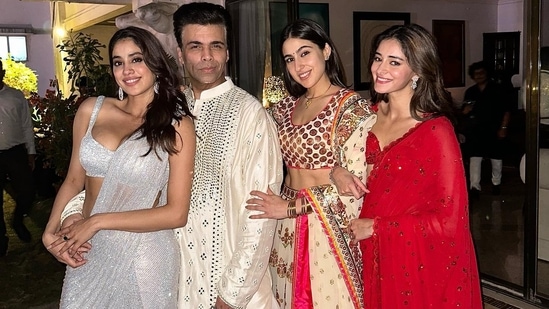 Recently, Sara Ali Khan shared pictures on Instagram from the party. In a photo, she posed with Karan Johar, Ananya Panday and Janhvi Kapoor. Instagram/Sara Ali Khan