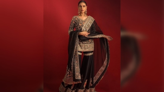Aditi Rao Hydari paired her look with statement danglers which was enough to complete her look.(Instagram/@manishmalhotra)
