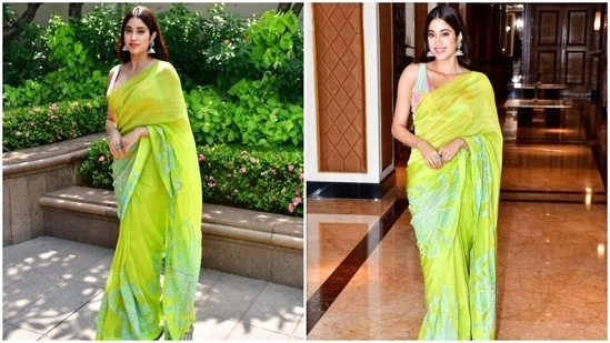 Janhvi Kapoor promotes Mili in a floral saree and bralette. (HT Photo/Varinder Chawla)