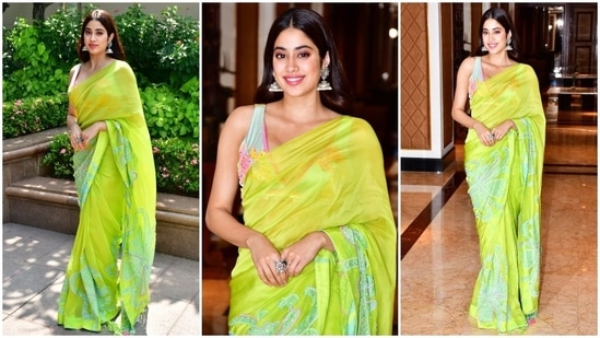 Janhvi Kapoor drapes herself in a green saree and bralette. (HT Photo/Varinder Chawla)