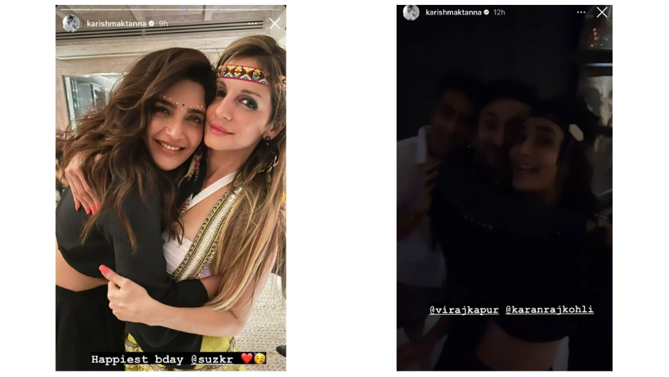 Karishma Tanna shares pictures and videos from Sussanne Khan's birthday bash via Instagram Stories.