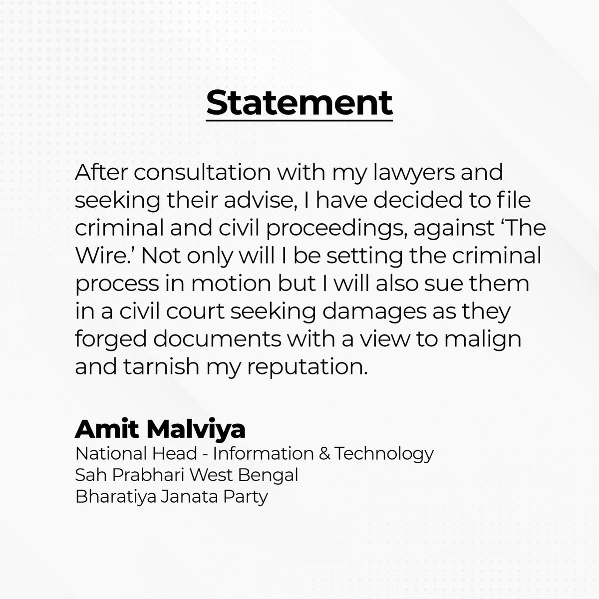 Amit Malviya, BJP's incharge of IT cell on Thursday decided to file criminal & civil proceedings against 'The Wire'. (source:Twitter/@amitmalviya) Amit Malviya, BJP's incharge of IT cell on Thursday decided to file criminal & civil proceedings against 'The Wire'. (source:Twitter/@amitmalviya)
