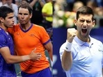 Rafael Nadal with Carlos Alcaraz; Novak Djokovic