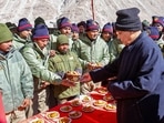 Defence minister Rajnath Singh during an event organised by BRO for the inauguration of 75 infrastructure projects in Ladakh on Friday. 